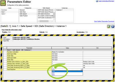 Parameters Editor with all values for Fault Reaction shown and circled